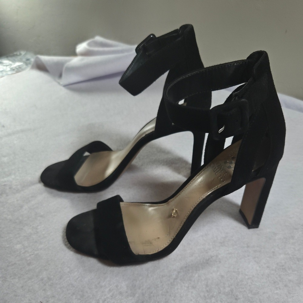 Vince Camuto Black Suede Ankle Strap Block Heel Sandals Size 8.5M
